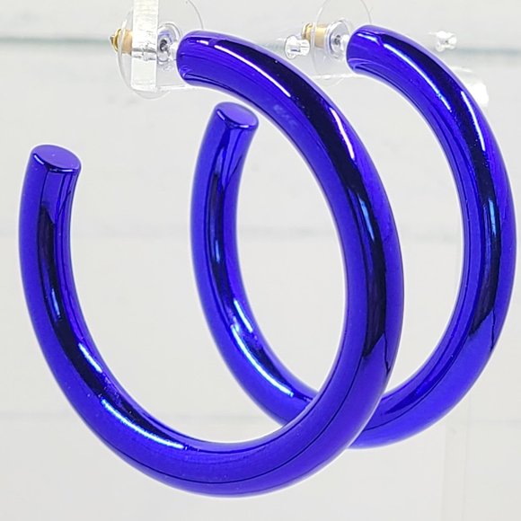 2" 80's Retro Royal Blue Metallic Coating Tube Metal Hoop Earrings - Picture 1 of 11